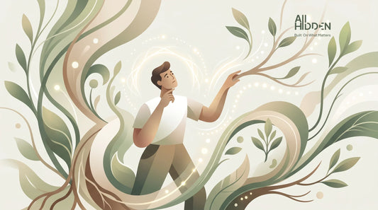 A modern, minimalist abstract editorial illustration, depicting a human figure navigating the journey of health and nutrition.