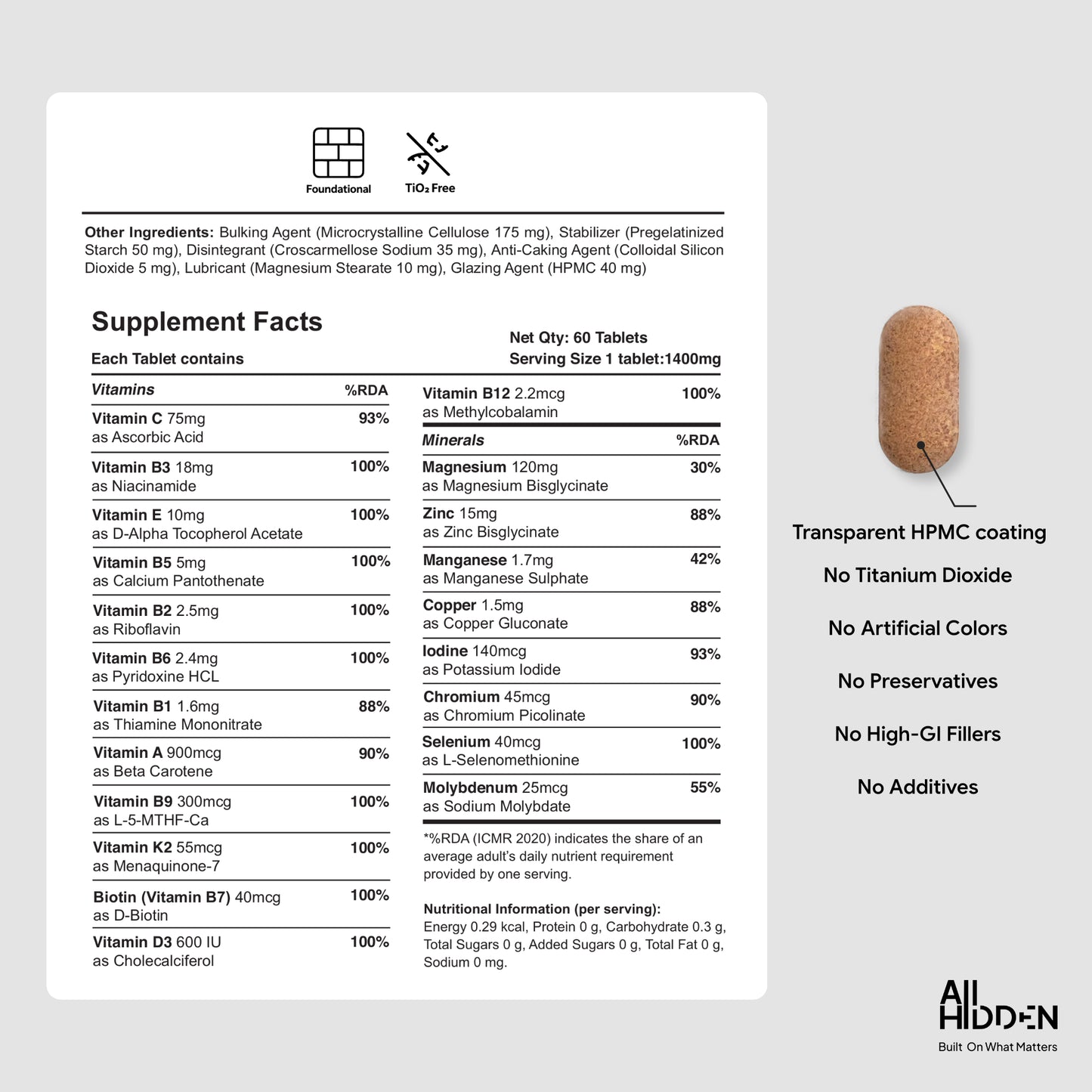 All Hidden True Absorption Multi supplement facts label with a tan tablet featuring a transparent coating and no additives.