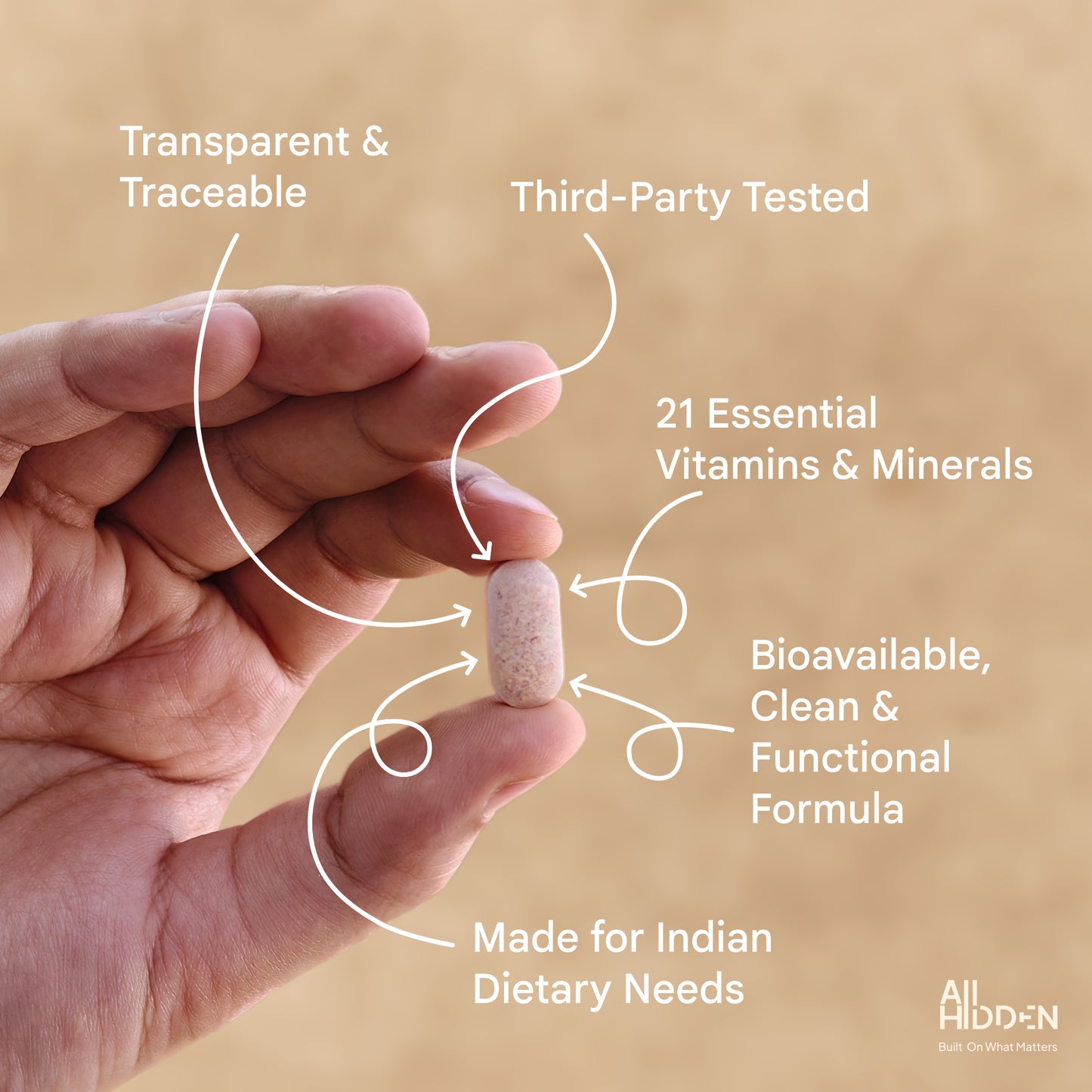 Hand holding a pink capsule labeled True Absorption Multi, highlighting its benefits like essential vitamins, traceability, a