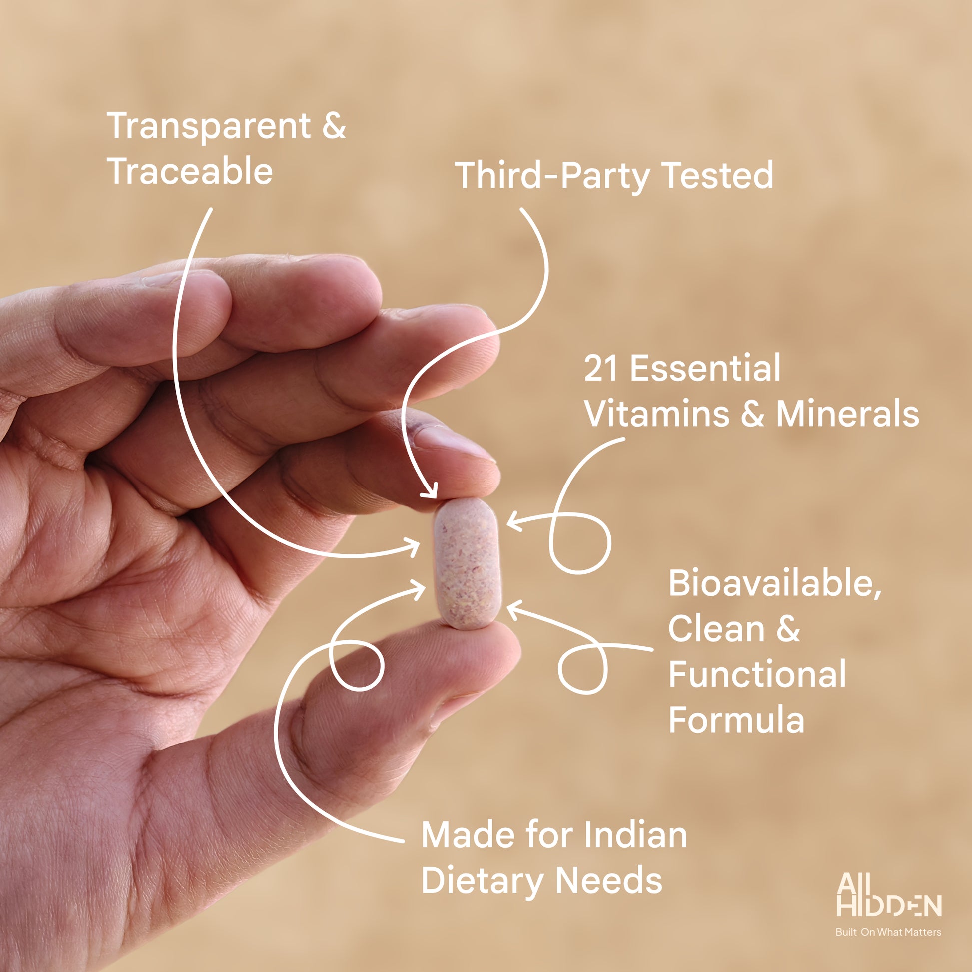 Hand holding a pink capsule labeled True Absorption Multi, highlighting its benefits like essential vitamins, traceability, a