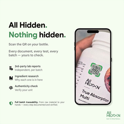 All Hidden True Absorption Multi supplement bottle with QR code, showcasing transparency and batch traceability features.