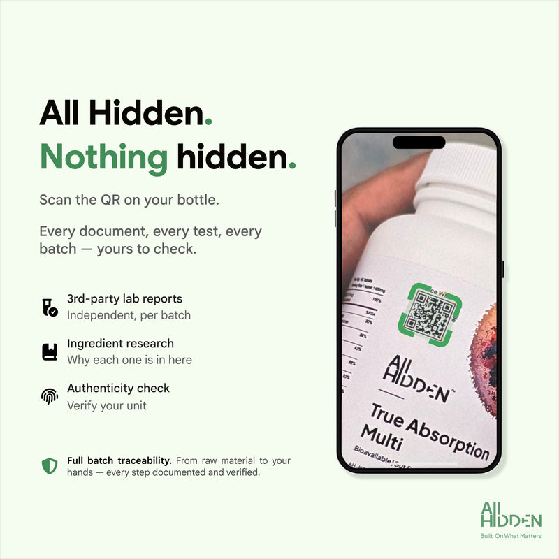 All Hidden True Absorption Multi supplement bottle with QR code, showcasing transparency and batch traceability features.