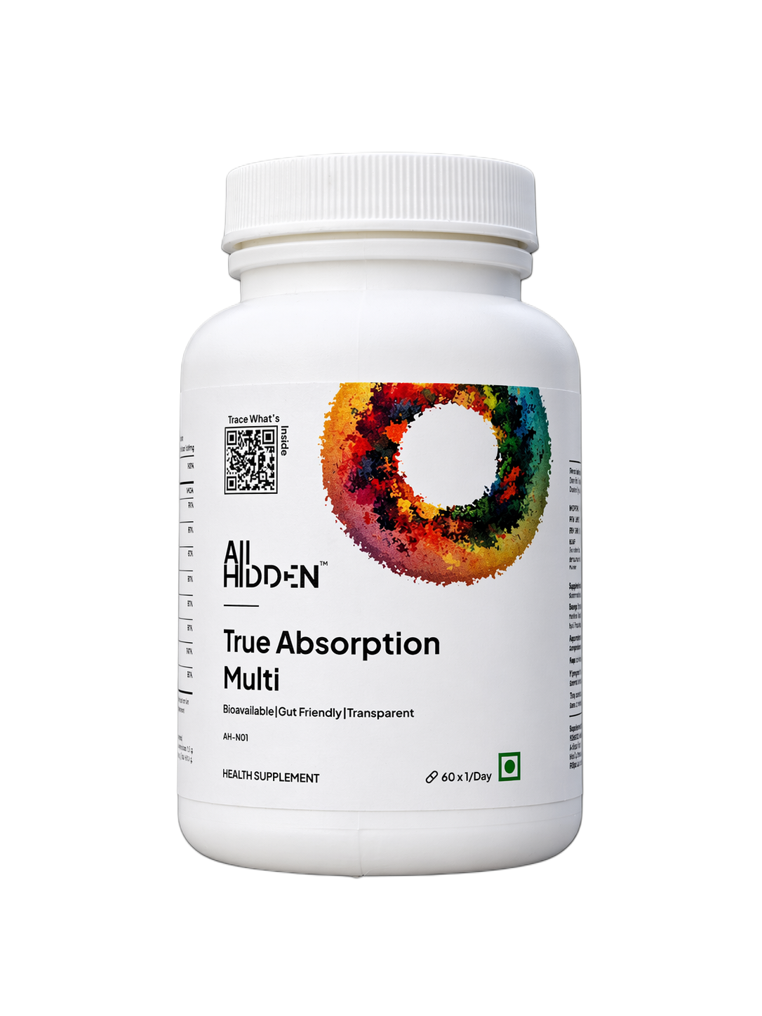 All Hidden True Absorption Multi supplement bottle with a colorful circular design, labeled as bioavailable and gut-friendly.