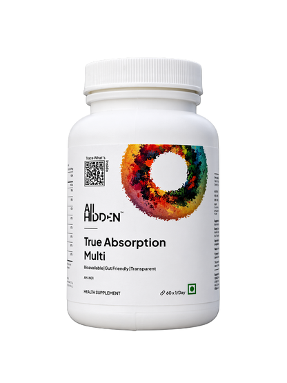 All Hidden True Absorption Multi supplement bottle with a colorful circular design, labeled as bioavailable and gut-friendly.