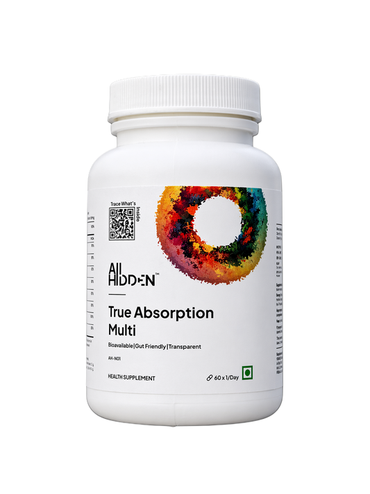 All Hidden True Absorption Multi supplement bottle with a colorful circular design, labeled as bioavailable and gut-friendly.