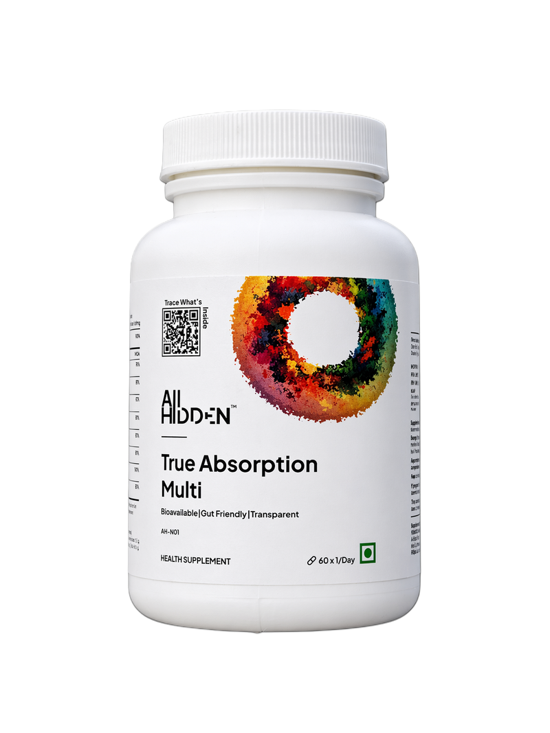 All Hidden True Absorption Multi supplement bottle with a colorful circular design, labeled as bioavailable and gut-friendly.